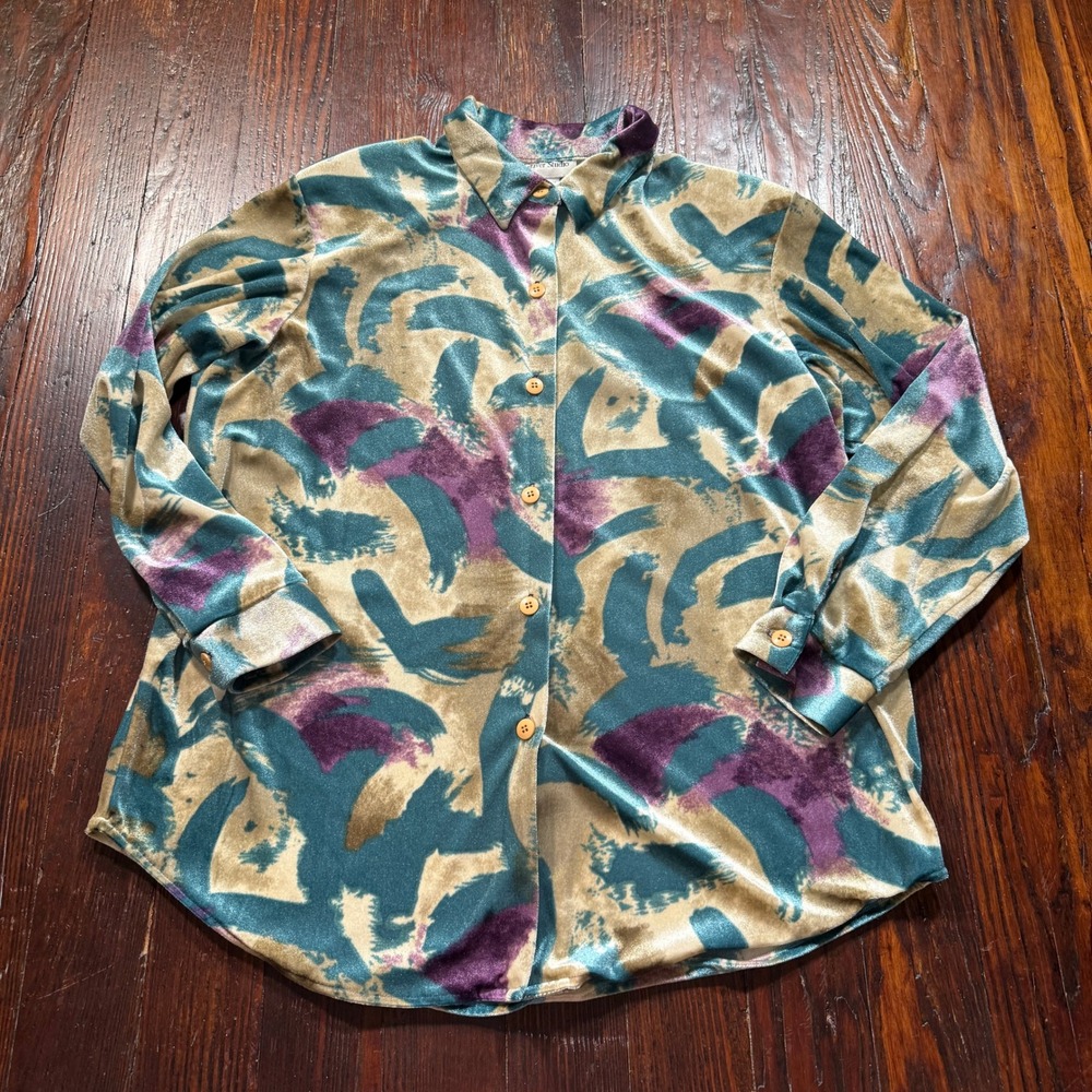 Vintage Graver Studio Shirt Womens L Multicolor Velvet Abstract Button Down